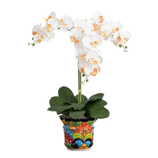 2.25ft. Artificial Triple Orchid Arrangement in Handmade Mexican Talavera Ceramic Planter